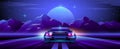 Futuristic neon supercar rides on a night mountain landscape background