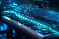 Futuristic neon synthesizer keyboard with neon lights illumination. Cyberpunk musical concept of piano keyboard Royalty Free Stock Photo