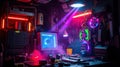 Futuristic Neon Tech Workspace with Cyberpunk Vibes