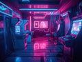 Futuristic neonlit arcade with vaporwave aesthetic