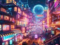 Futuristic neonlit shopping district with flying vehicles