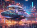 Futuristic neonlit shopping district with flying vehicles