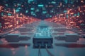 Futuristic network and data infrastructure with glowing neon lights visualizing high speed connectivity cyber communication and