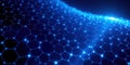 A futuristic network of glowing blue hexagons forming a grid with bright nodes and connections on a dark background with a wav Royalty Free Stock Photo
