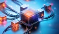 A futuristic network of glowing cubes connected by cables, representing technology Royalty Free Stock Photo