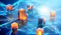 A futuristic network of glowing cubes connected by cables, representing technology Royalty Free Stock Photo