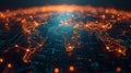 A futuristic network graph displaying the top trading routes between different regions of the world. The nodes of the