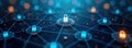 Futuristic network illustration shows secure connections data protection. Cybersecurity tech design. Abstract network system with