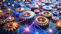 Futuristic Network of Interconnected Gears and Glowing Nodes Visualizing Collaboration in the Digital Age Royalty Free Stock Photo