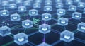 A futuristic network of interconnected hexagonal nodes with glowing lines Royalty Free Stock Photo