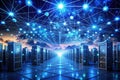 A futuristic network of interconnected servers forming a path towards a celestial horizon featuring brilliant nodes of light and Royalty Free Stock Photo