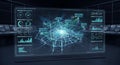 Futuristic network monitoring interface on large computer screen with data visualization graphics Royalty Free Stock Photo