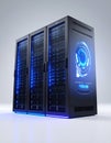 Futuristic Network Servers with Glowing Blue HUD Royalty Free Stock Photo