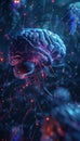 Futuristic neural interface a sleek fusion of brain and computer with holographic elements
