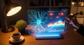 Futuristic neural network analysis on transparent screen with desk lamp and coffee Royalty Free Stock Photo