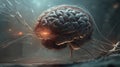 Futuristic neural network brain with glowing wires in abstract digital landscape