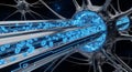Futuristic neural network digital illustration with glowing blue lines and interconnected nodes on black background representing Royalty Free Stock Photo