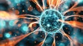 Futuristic neural network structure with glowing blue and orange connections.