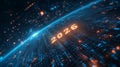 Futuristic New Year 2026 background with glowing neon numbers over digitized Earth and streaming data lines in deep space. Royalty Free Stock Photo