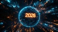 Futuristic New Year 2026 background with glowing neon numbers over digitized Earth and streaming data lines in deep space. Royalty Free Stock Photo