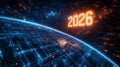 Futuristic New Year 2026 background with glowing neon numbers over digitized Earth and streaming data lines in deep space. Royalty Free Stock Photo