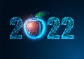 Futuristic 2022 New Year digital web banner template with glowing low polygonal apple and digits on dark blue