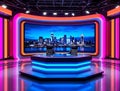 Futuristic news studio with cityscape backdrop and neon lights Royalty Free Stock Photo