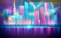 Futuristic night city. Cityscape on a dark background with bright and glowing neon purple and blue lights. Vector illustration Royalty Free Stock Photo