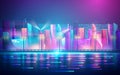 Futuristic night city. Cityscape on a dark background with bright and glowing neon purple and blue lights. Vector illustration Royalty Free Stock Photo