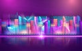 Futuristic night city. Cityscape on a dark background with bright and glowing neon purple and blue lights. Vector illustration Royalty Free Stock Photo