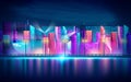 Futuristic night city. Cityscape on a dark background with bright and glowing neon purple and blue lights. Vector illustration Royalty Free Stock Photo