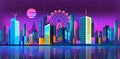 Futuristic night city flat design. Cityscape on a dark background with bright and glowing neon purple and blue lights Royalty Free Stock Photo