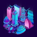 The futuristic night city is illuminated by neon lights in isometric style. Vector illustration