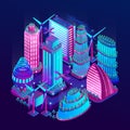 The futuristic night city is illuminated by neon lights in isometric style. Vector illustration