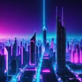 Futuristic night Cityscape on a colorful background with bright and glowing neon Wide city front perspective Cyberpunk