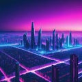 Futuristic night Cityscape on a colorful background with bright and glowing neon Wide city front perspective Cyberpunk