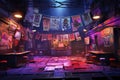 Futuristic night club with neon lights and graffiti on the walls, A lively image of an empty claustrophobic nightclub, AI