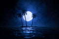 Futuristic night landscape with abstract landscape and island, moonlight, shine. Dark natural scene with reflection of light in Royalty Free Stock Photo