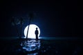 Futuristic night landscape with abstract landscape and island, moonlight, shine. Dark natural scene with reflection of light in Royalty Free Stock Photo