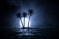 Futuristic night landscape with abstract landscape and island, moonlight, shine. Dark natural scene with reflection of light in Royalty Free Stock Photo