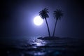 Futuristic night landscape with abstract landscape and island, moonlight, shine. Dark natural scene with reflection of light in Royalty Free Stock Photo