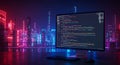 Futuristic night scene with a computer screen displaying colorful programming