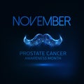 Futuristic November -prostate cancer awareness month web banner with glowing low poly mustaches.