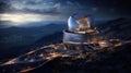 futuristic observatory in night mountains, modern contemporary building