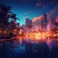 Futuristic Oceanside Twilight: A Cyberpunk Beach Scene AI Generated Royalty Free Stock Photo