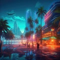 Futuristic Oceanside Twilight: A Cyberpunk Beach Scene AI Generated Royalty Free Stock Photo