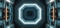 Futuristic octagonal robotic workcell with blue LED lighting and central mechanism in a high-tech corridor Royalty Free Stock Photo
