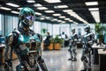 Futuristic Office with Advanced AI Robots, Robotics and Artificial Intelligence in a Modern Tech Workspace