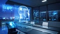 Futuristic office with AI and data visualization on screens Royalty Free Stock Photo