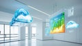 Futuristic office with AI driven cloud analytics, glowing graphs, and transparent data visuals creating modern workspace